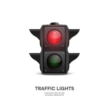 3D Gerçekçi Detaylı Trafik Işıkları ile Vektör Afişi Beyaz Arkaplanda İzole Edildi. Güvenlik Kuralları Konsepti Tasarım Tapınağı. Stop lambası, Trafik Işıkları Şablonu.