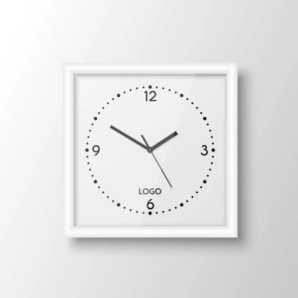 Vector Realistic Square White Wall Office Clock Design Template Isolated — Stock Vector