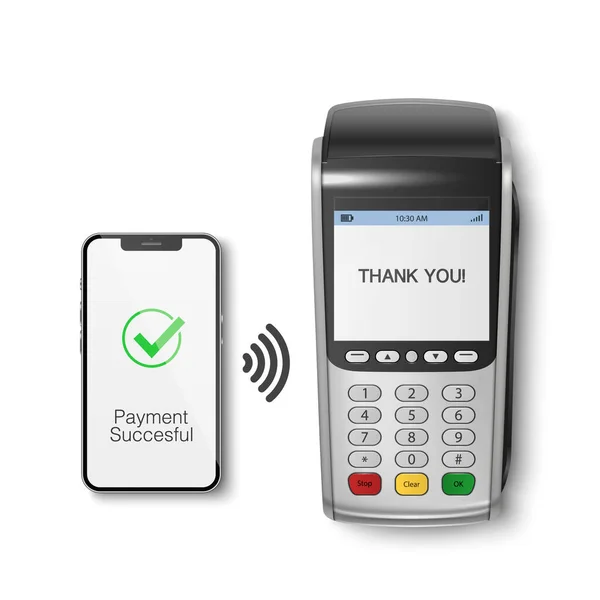 ベクトル3D Nfc決済マシンとスマートフォン 支払いは成功しました 承認された取引 Pos端末 電話は隔離されています 銀行決済の設計テンプレート 無線非接触端末 モックアップ — ストックベクタ