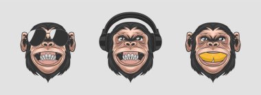 Görmüyor, duymuyor, konuşmuyor. Güneş gözlüklü, kulaklıklı, muzlu, tipografi alıntılı, gülümseyen maymun vektörü. Duvar Sanatı Komik Maymun Kafa, Tişört Yazdırma, Poster. Çizgi film Şirin Şempanze Maymun.