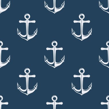 Elleri Çapa ile çizilmiş Kusursuz Kalıp. Tekstil, giyim ve duvar kağıtları için tasarım şablonu. Mavi 'ye Beyaz Çapa. Antika Eski Denizcilik Çapaları.