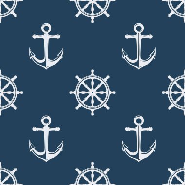 Elleri Çapa ve Gemi Dümeni ve Tekerleği Çizilmiş Kusursuz Desen. Tekstil, giyim ve duvar kağıtları için tasarım şablonu. Beyaz Anchors ve Helms, Wheels on Blue. Antika Vintage Denizcilik Şablonu.