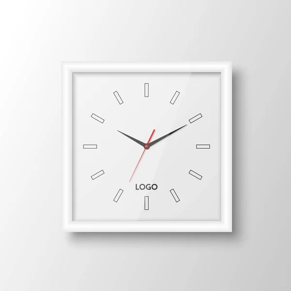 Plantilla Diseño Reloj Oficina Pared Blanca Cuadrada Realista Vectorial Aislada — Vector de stock