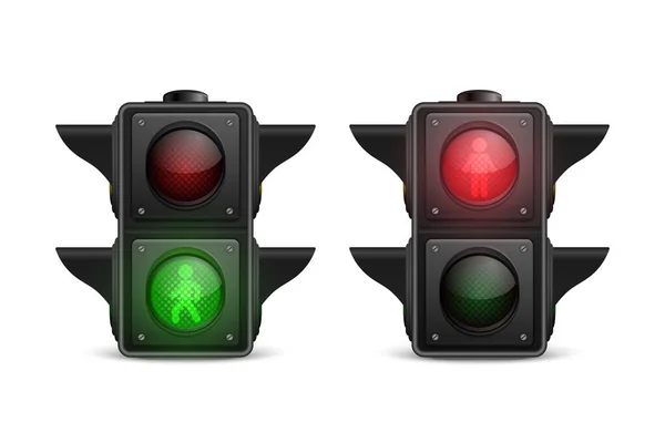 矢量3D现实的详细道路交通照明图标集隔离 安全规则概念 设计模板 灯火通明 红灯和黄灯开亮 行人专用红绿灯 — 图库矢量图片