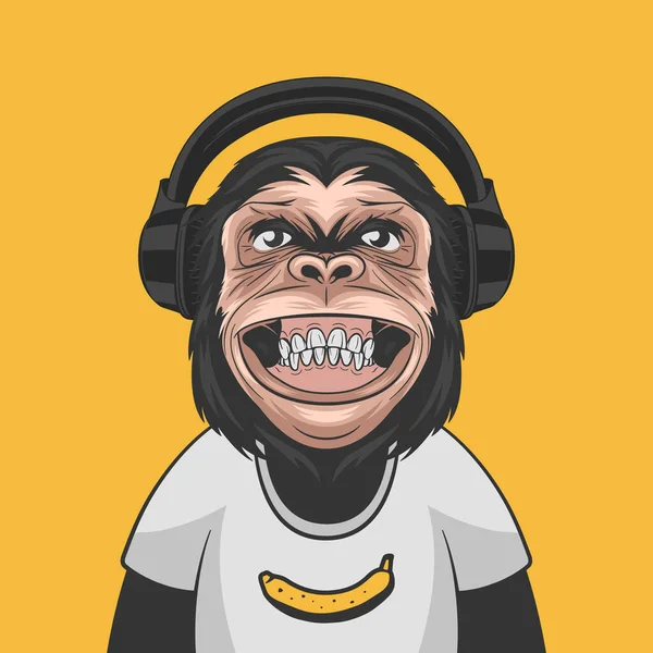 Vector Funny Smiling Chimpancé Mono Con Auriculares Plátano Camiseta Sobre — Archivo Imágenes Vectoriales