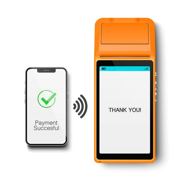 Vector 3d NFC Payment Machine and Smartphone. Payment Succesful. Approved Transaction. POS Terminal, Machine, Phone Isolated. Design Template of Bank Payment Wireless Contactless Terminal, Mockup.