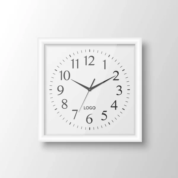 Plantilla Diseño Reloj Oficina Pared Blanca Cuadrada Realista Vectorial Aislada — Vector de stock