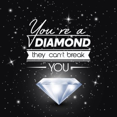 Sen bir Elmassın, seni yakalayamazlar. Gerçekçi Parlayan Elmas 'la Siyah Üzerine Vector Typographic alıntısı. Gemstone, Elmas, Pırıltı, Mücevher Konsepti. Motivasyonel İlham Posteri.