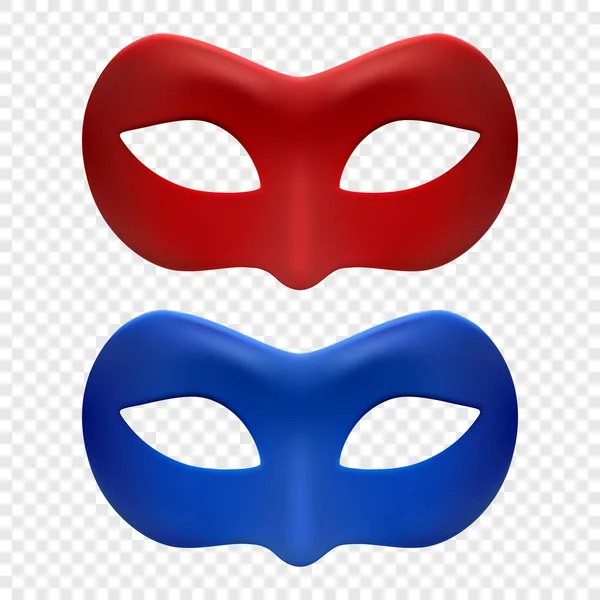 ベクトル3Dリアルな赤と青のカーニバルマスクセット 金属面男性または女性のためのカーニバルマスクを閉じます 秘密の装飾 見知らぬ人 ハロウィーン カーニバル パーティー 仮面舞踏会のコンセプト — ストックベクタ
