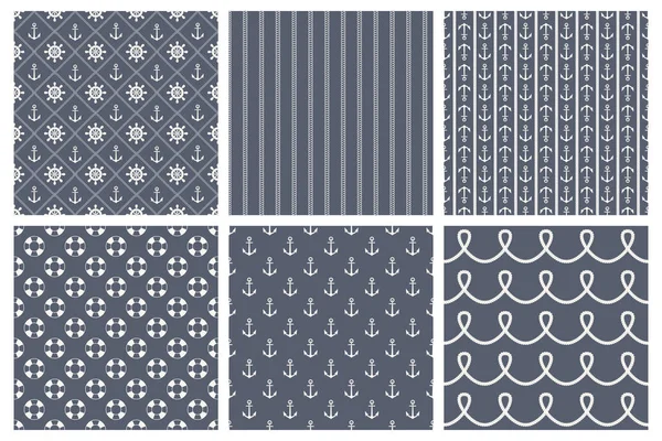 White Blue Vector Nautical Seamless Pattern Set Sea Marine Backgrounds — Stock Vector