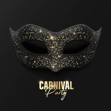 Vektör 3d Gerçekçi Kara Karnaval Maskesi Altın Parıltı Madalyası ile. Yüz Karnavalı Maskesi Siyah 'a yakın çekim. Karnaval Parti Bayrağı, Card. Cadılar Bayramı, Festival, Maskeli Balo Konsepti.