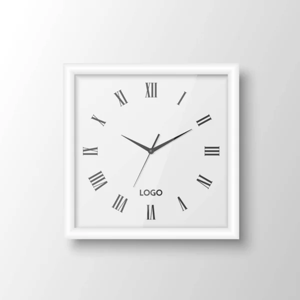 Plantilla Diseño Reloj Oficina Pared Blanca Cuadrada Realista Vectorial Aislada — Vector de stock