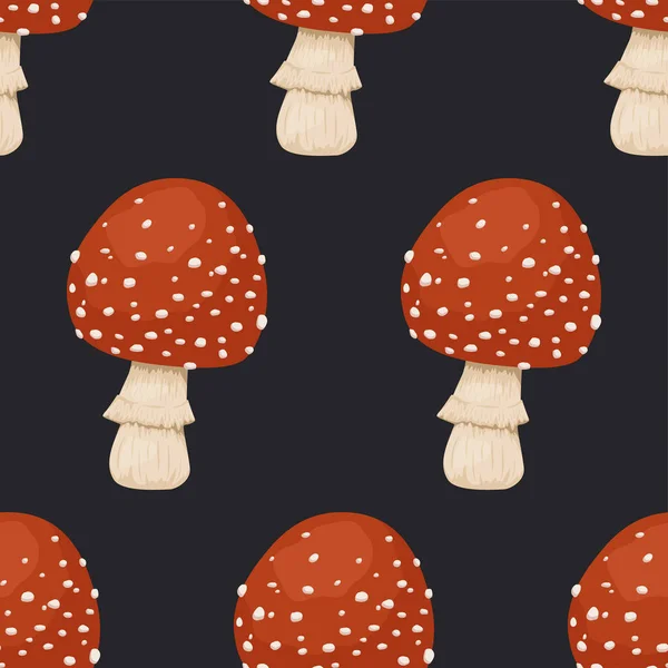 Vector Seamless Pattern Poisonous Inedible Mushroom Червона Мушля Картуна Чорному — стоковий вектор