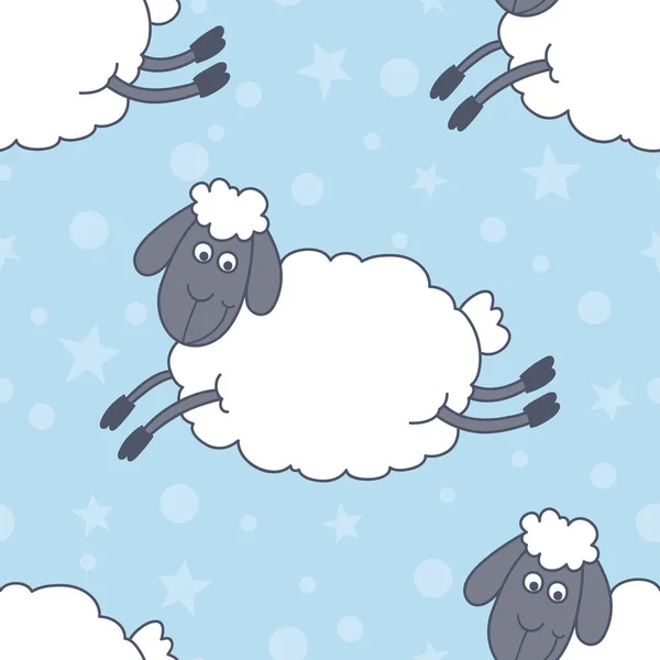 Vector Seamless Pattern Funny Cute Flying Sheeps Blue Background Cartoon — Stock Vector