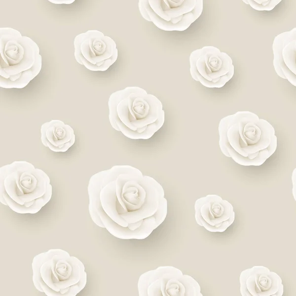 Vector Flower Seamless Pattern Weiße Realistische Rosen Auf Beige Floral — Stockvektor