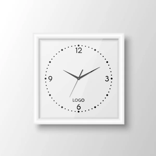 Vector Realista Quadrado Branco Parede Escritório Relógio Modelo Design Isolado — Vetor de Stock