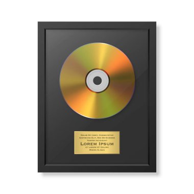 Siyah Çerçeve ile Gerçekçi Vektör 3d Altın Sarı CD ve Etiket izole edildi. Tek Albüm CD Ödülü, Limited Edition. Tasarım Şablonu.