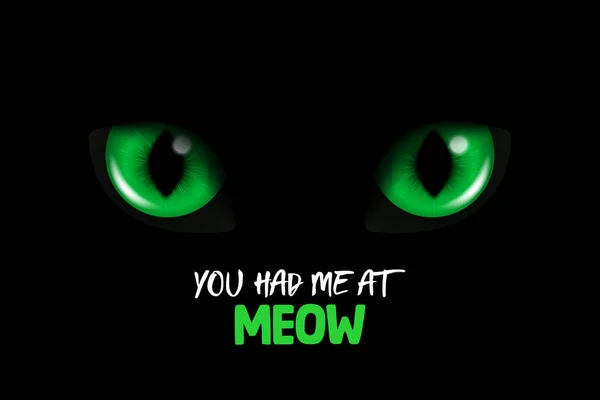 你有我在Meow 矢量3D现实的绿闪烁着一只黑猫的眼睛 黑黑的背景下的猫看 发光的猫或豹的眼睛 — 图库矢量图片