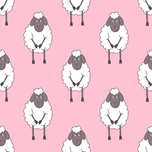 粉红背景下的带有趣可爱羊的矢量无缝隙图案 卡通羊绒无缝面料 纺织品 女童壁纸设计 粉红上站立羊的无缝制结构 — 图库矢量图片