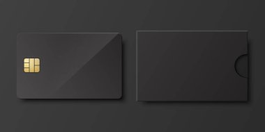 Vektör 3d Black Blank Kredi Kartı, Kağıt Cüzdan, Zarf, Paketleme Koruması İzole Edildi. Plastik Kredi, Banka Kartı Tasarım Model Şablonu, Marka. Kredi kartı ödeme konsepti. Ön Görünüm.