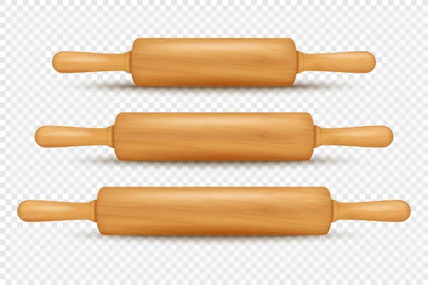 Vector Realistic Textured Wooden Rolling Pin Icon Set Isolated Kitchen — 스톡 벡터