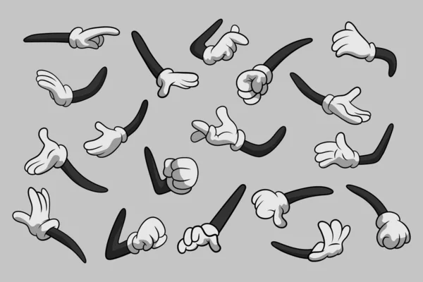 复古卡通手套手的姿势 卡通手与手套图标集隔离 身体的一部分 白色手套中的武器 手部服饰系列 图形学设计模板 — 图库矢量图片