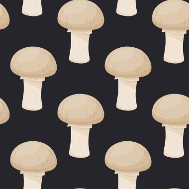 Siyah üzerinde Şampiyon Mantarı olan Kusursuz Şablon. Kusursuz doku, El Çizimi Şampiyonu Mantar Mantarı. Tekstil, Duvar Kağıdı, Yazdırma Şablonu.