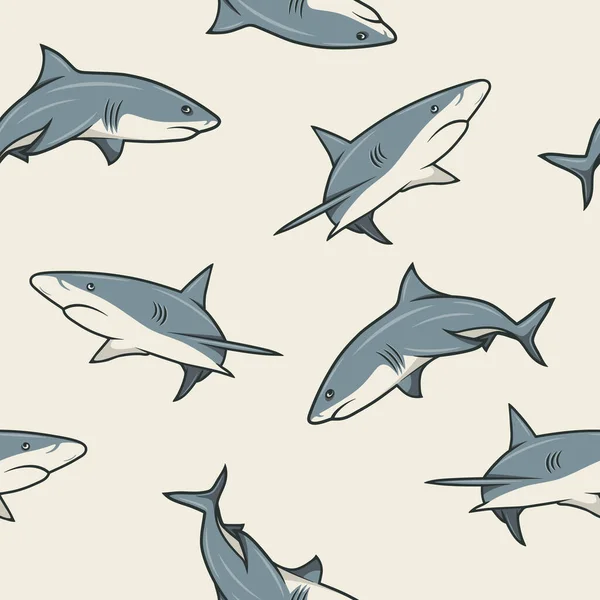 带卡通鲨的矢量无缝图案 无缝隙纹理与手绘白鲨共游 海洋捕食者 海洋动物 纺织品 壁纸及印刷品的鲨鱼字符设计 — 图库矢量图片