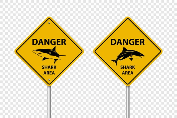 Vector Yellow Shark Sighting Sign Set Geïsoleerd Shark Attack Waarschuwing — Stockvector