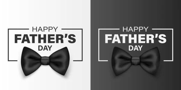 Vector Fathers Day Banner. Text with 3d Realistic Silk Black Bow Tie. Glossy Bowtie, Tie Gentleman. Fathers Day Holiday Concept. Design Template for Greeting Card, Invitation, Poster, Print.