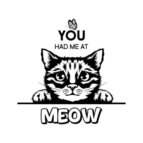 Meow Affiche Vectorielle Avec Citation Chat Monochrome Dessiné Main Noir — Image vectorielle