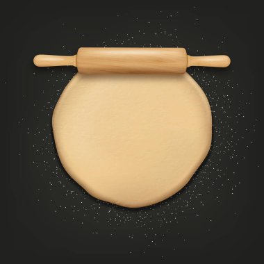 Vektör 3d Gerçekçi Çiğ Ekmek, Pizza Yuvarlak Hamur Pastası Çarşafı, Rolling Pin, Hamur Yuvarlağı. Karışık Hamur, un. Pasta, pizza, bisküvi, ekmek tasarımı için şablon. Fırın, Mutfak Konsepti. Üst Görünüm.