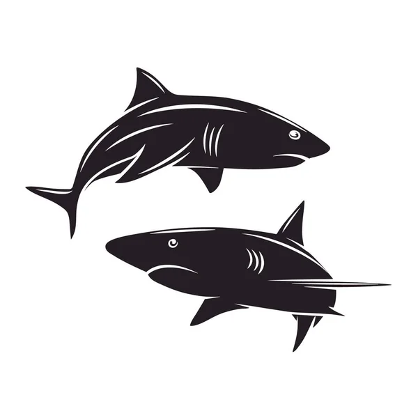 Vector Cartoon Shark Set Geïsoleerd Handgetekend Monochrome Cutout Zwarte Haaien — Stockvector