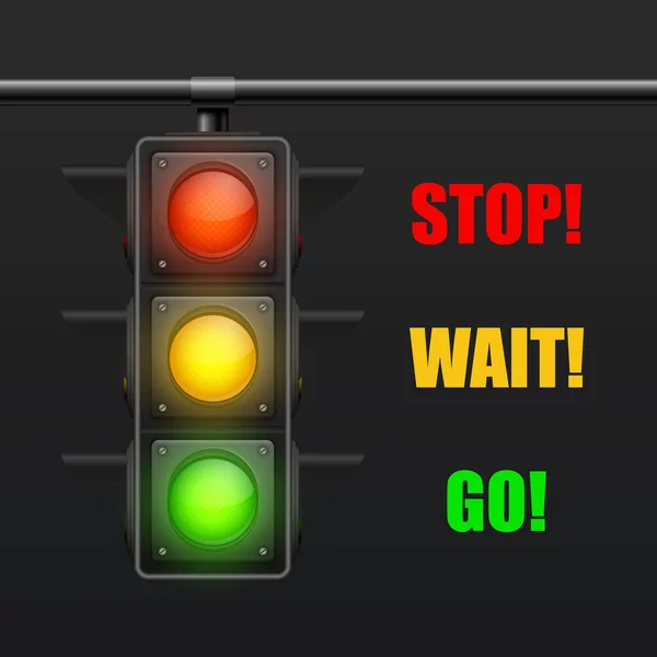 Vector Realistisch Gedetailleerde Road Traffic Lights Geïsoleerd Zwart Stop Wacht — Stockvector