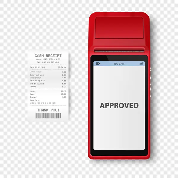 Vector Red Nfc Zahlungsmaschine Und Papierscheck Quittung Isoliert Wlan Drahtlose — Stockvektor