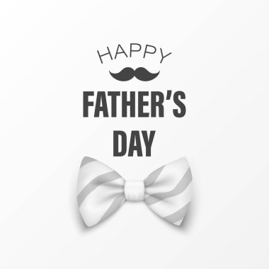 Vekil Babalar Günü Afişi. 3d Gerçekçi İpek Beyaz Çizgili Fiyonk kravatlı metin. Parlak papyon, kravatlı beyefendi. Babalar Günü Tatil Konsepti. Tebrik Kartı, Davetiye, Poster ve Yazdırma İçin Tasarım Şablonu.