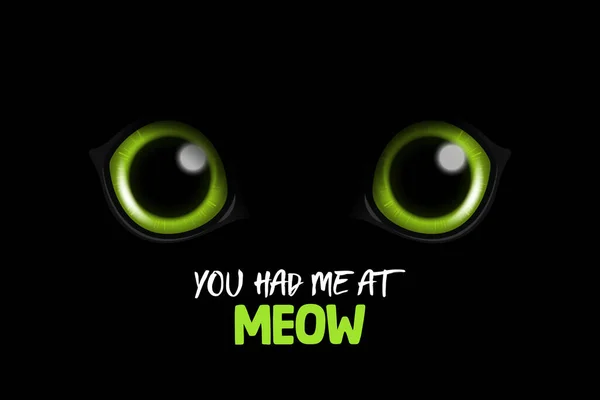 Dostals Mňau Vektor Realistické Zelené Kulaté Zářící Kočky Oči Černé — Stockový vektor