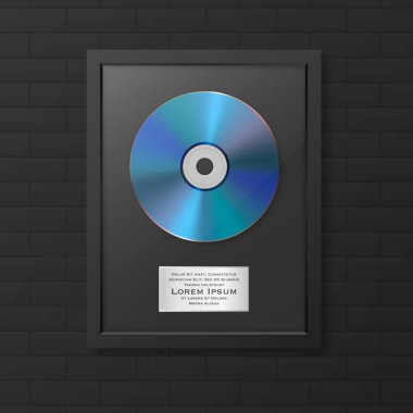 Black Brick Wall 'un üzerinde Siyah Çerçeve olan 3d Mavi CD ve Etiketli Gerçekçi Vektör. Tek Albüm CD Ödülü, Limited Edition. Tasarım Şablonu.