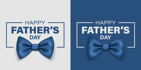 Vector Fathers Day Banner. Text with 3d Realistic Silk Blue Bow Tie. Glossy Bowtie, Tie Gentleman. Fathers Day Holiday Concept. Design Template for Greeting Card, Invitation, Poster, Print.