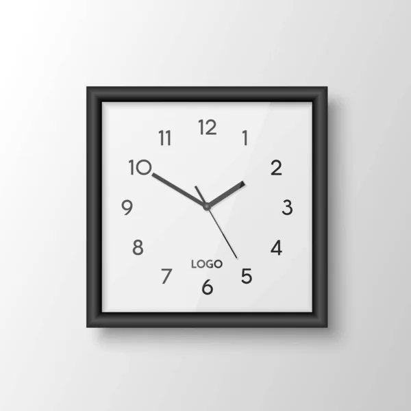 Vector Realistic Square Wall Office Clock Black Frame Design Template — Stockvektor