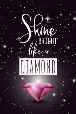 Parlak Lika 'ya bir elmas parlat. Gerçekçi Pembe Parlayan Elmas 'la Siyah Üzerine Vector Typographic alıntısı. Gemstone, Elmas, Pırıltı, Mücevher Konsepti. Motivasyonel İlham Posteri.