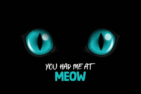 Meow Vecteur Réaliste Bleu Rond Brillant Chats Yeux Chat Noir — Image vectorielle