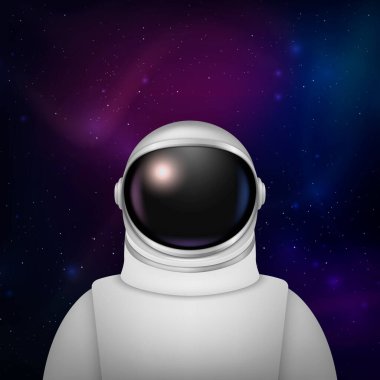 Vektör 3d Gerçekçi Uzay Adamı, Astronot. Uzay giysisi, Uzay Arkaplanındaki Astronot Miğferi. Uzay Keşfi için Şeffaf Cam Gözlüklü Kozmonot Kıyafeti. Astronot için Beyaz Takım, Koruma.