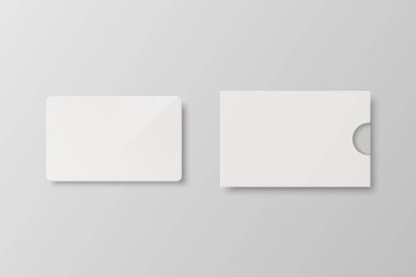 Vektör 3d Gerçekçi Beyaz Misafir Odası, Plastik Anahtar Kart, Kredi Kartı Şablonu ve Kağıt Kutusu, Kapak, Cüzdan İzole Edildi. Otel odasının şablonu Plastik Anahtar Kart Mockup, Marka. Ön Görünüm.