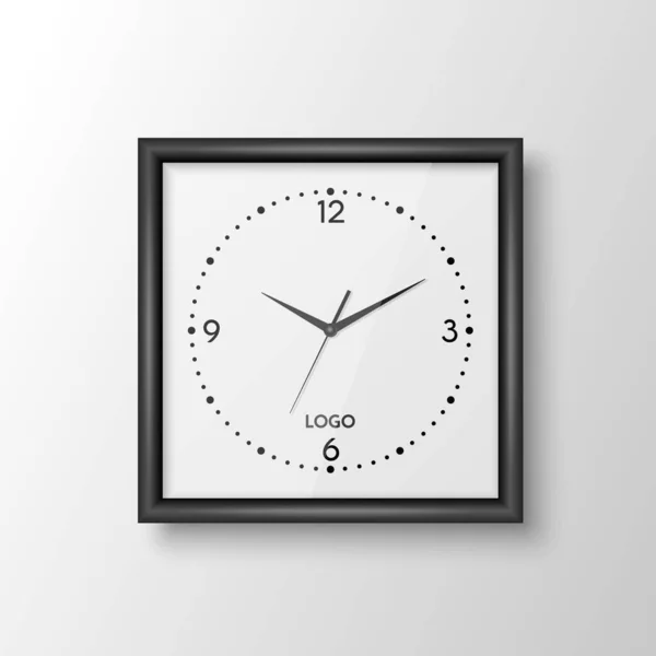 Vector Realistic Square Wall Office Clock Black Frame Design Template — Stock Vector