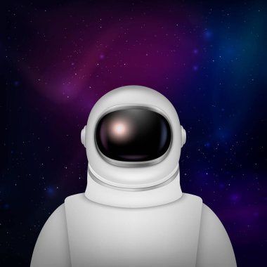 Vektör 3d Gerçekçi Uzay Adamı, Astronot. Uzay giysisi, Uzay Arkaplanındaki Astronot Miğferi. Uzay Keşfi için Şeffaf Cam Gözlüklü Kozmonot Kıyafeti. Astronot için Beyaz Takım, Koruma.