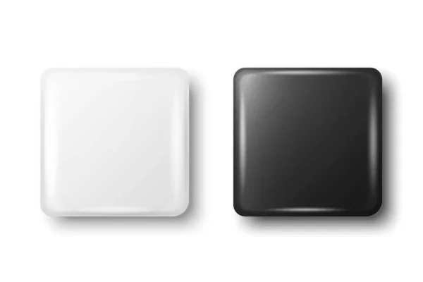 Vector Realistic Square White Black Metal Plastic Blank Empty Button — Image vectorielle