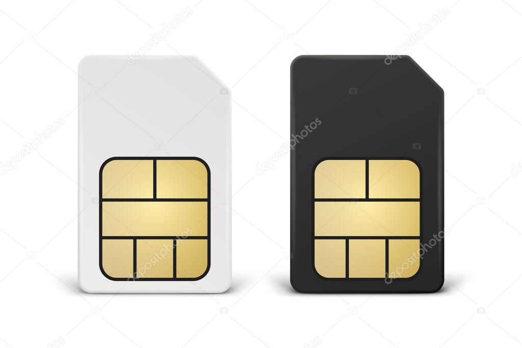 Vector 3d Realistic White and Black Plastic Sim Card Template Set Isolated. Design Template of Sim Card for Mockup, Branding. Front View.