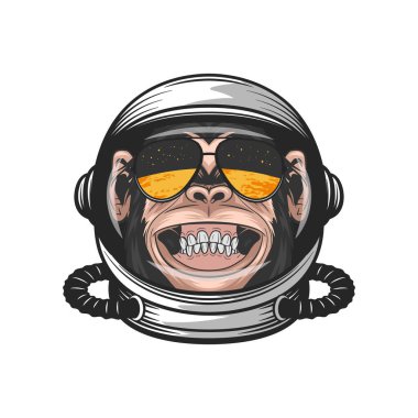 Vector Smiling Chimpanzee Ape with Astronaut Helmet, Funny Monkey with Cosmonaut Mask for Space Exploration. Spaceman Head Protection for Wall Art, T-shirt Print, Poster. Cartoon Cute Chimp Monkey.