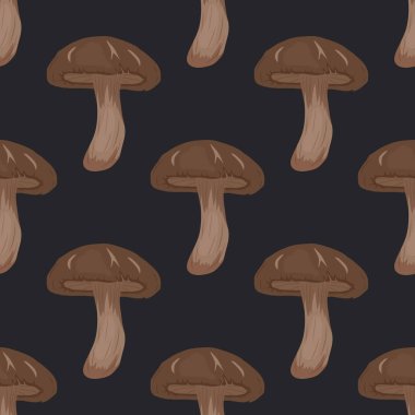 Vector Seamless Pattern with Shiitake Mushroom on Black. Seamless Texture, Hand Drawn Cartoon Shiitake Mushrooms. Design Template for Textile, Wallpaper, Print.